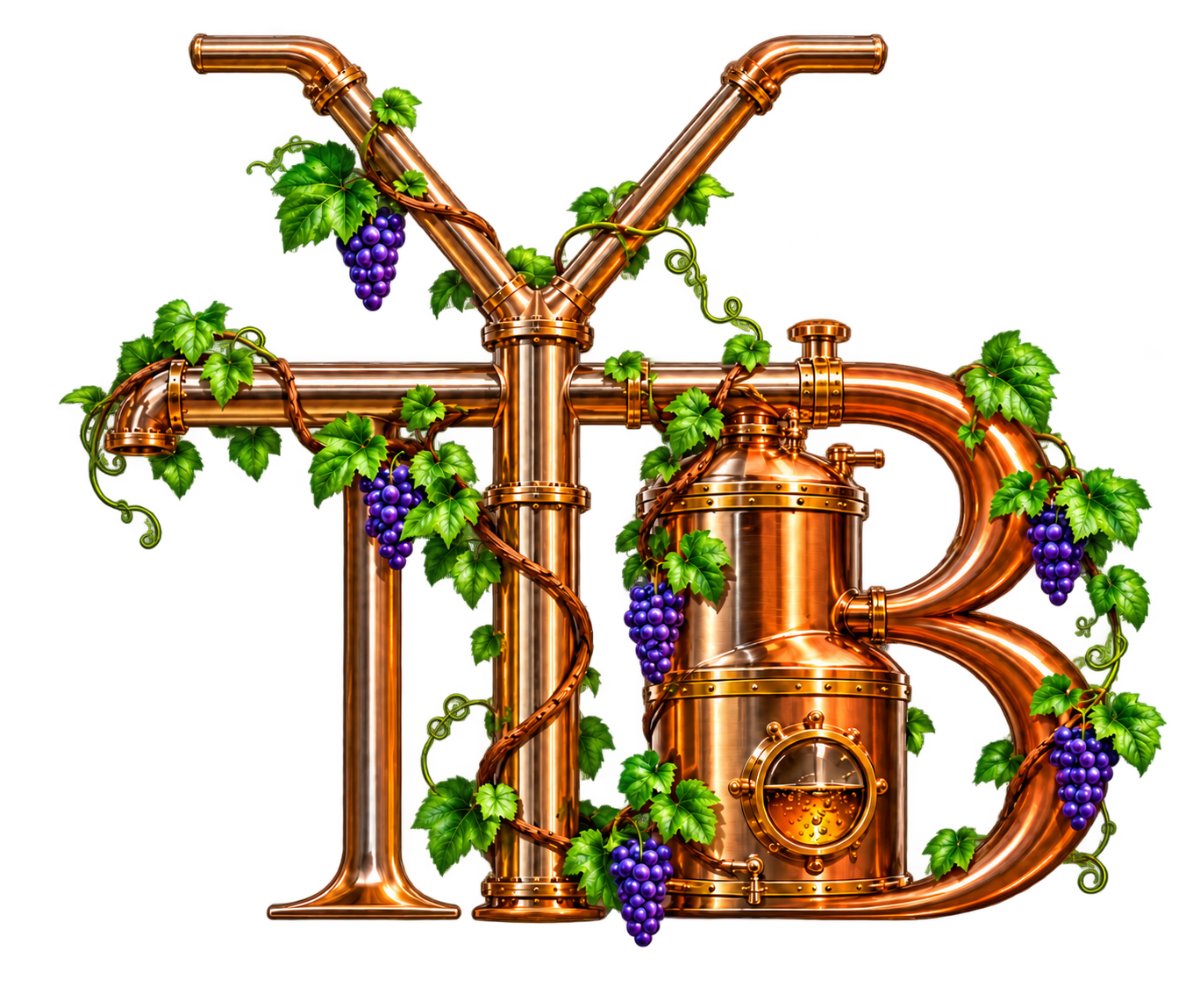 TiltYo Bev's main logo: copper distilling pipes wrapped in vibrant green grapevines and purple grapes